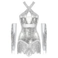 thumbnail image 1 of Alvivi Robe de Danse Jazz Lyrique pour Femmes avec Franges, Robe de Bal à Sequins avec Gants, Costume de Concert Argenté, 1 of 7