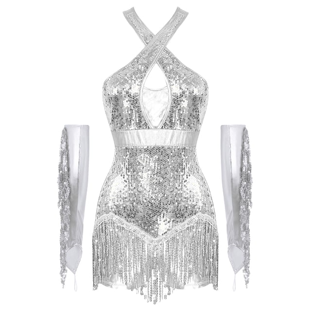 Alvivi Robe de Danse Jazz Lyrique pour Femmes avec Franges, Robe de Bal à Sequins avec Gants, Costume de Concert Argenté