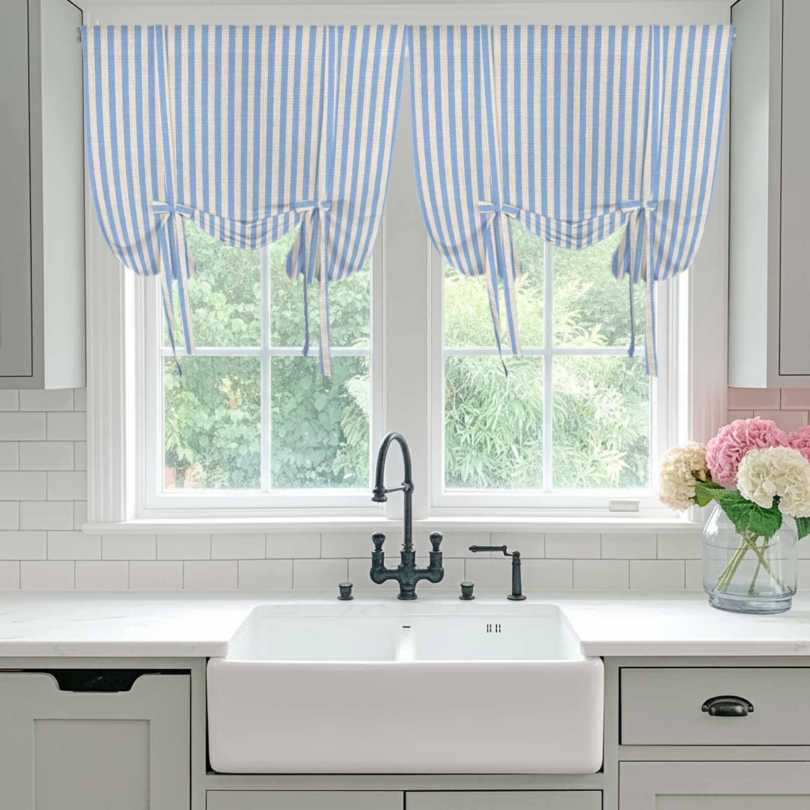 Simple White Striped Tie Up Curtain for Window, Blue Stripe Vintage Linen Texture Adjustable Tie Up Balloon Curtain Valances Rod Pocket Window Treatment for Kitchen Bathroom Bedroom 34"x45"