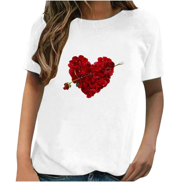 Camiseta de manga corta informal con estampado de amor para mujer Pompotops hkajfhjk459810