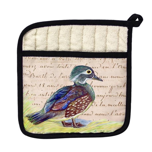 Betsy Drake PT149B Female Wood Duck Beige Script Pot Holder