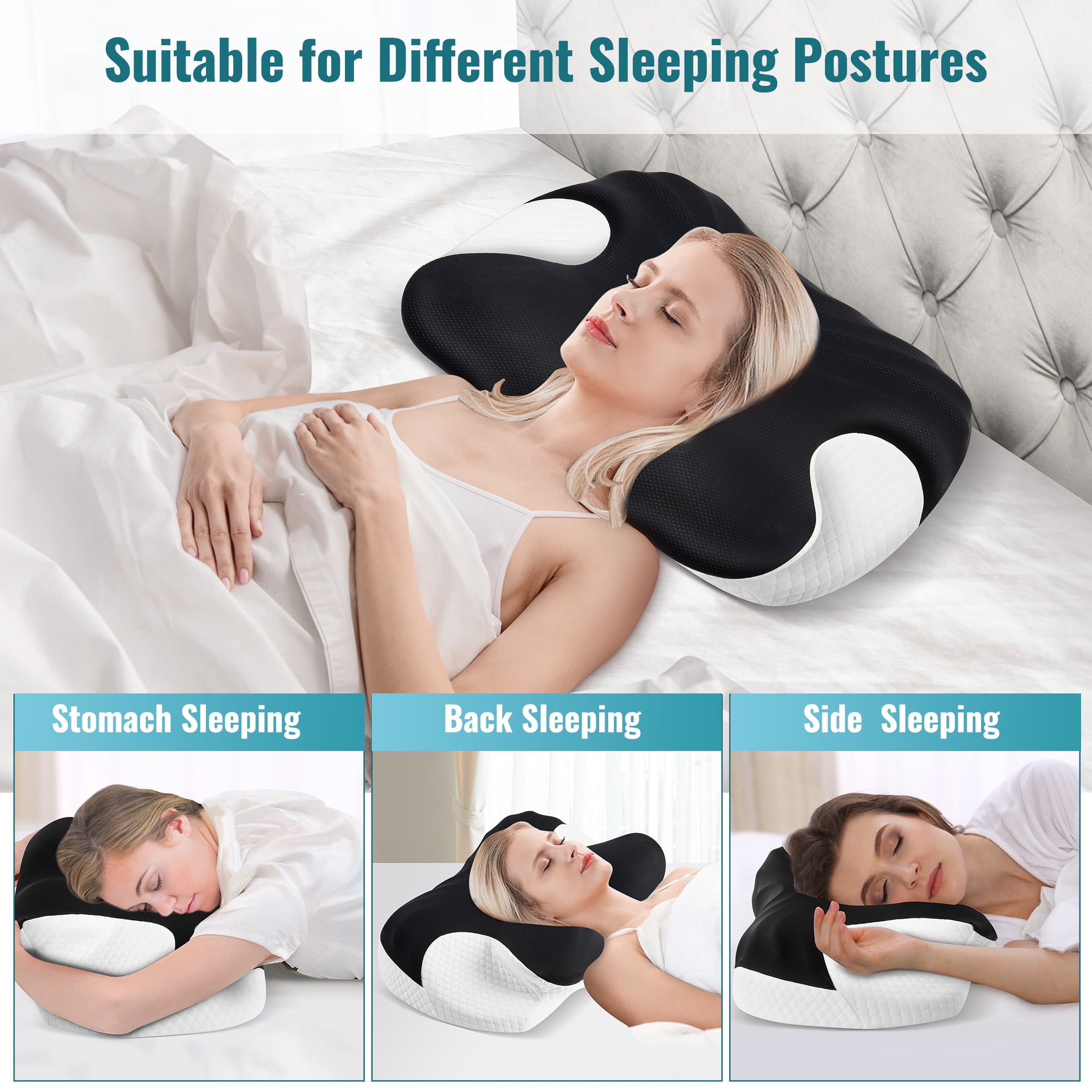 ENERFACE Ergonomic Memory Foam Neck Pillow for Pain Relief, Orthopedic Cervical Pillow for Side, Back & Stomach Sleepers with Breathable Washable Cover, Black+White