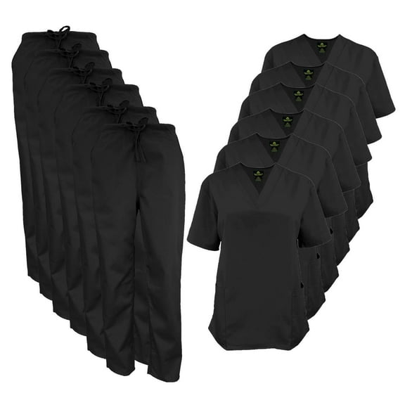 M&M SCRUBS Women Scrub Set V-Neck Medical Scrub Tops and Drawstring Pants - Pack of 6 Set (Black, 4X-Large)