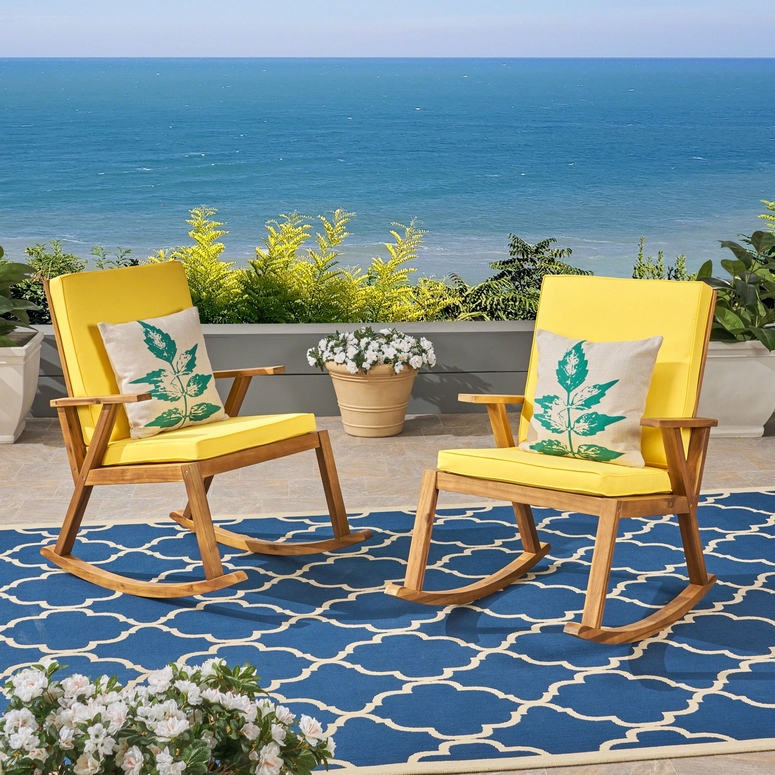 Rene Outdoor Acacia Wood Rocking Chair, Yellow Outdoor Cushions For Rocking Chairs