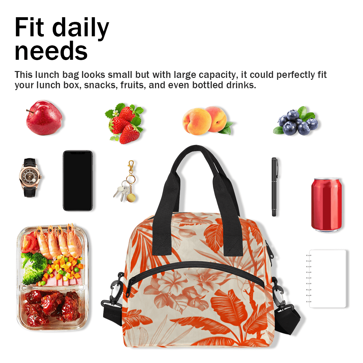 Herdesigns Leaves Leaf Insulated Lunch Bag for Women Men Adults Large Reusable Lunch Box Orange Leakproof Cooler Tote Bags with Adjustable Shoulder Strap