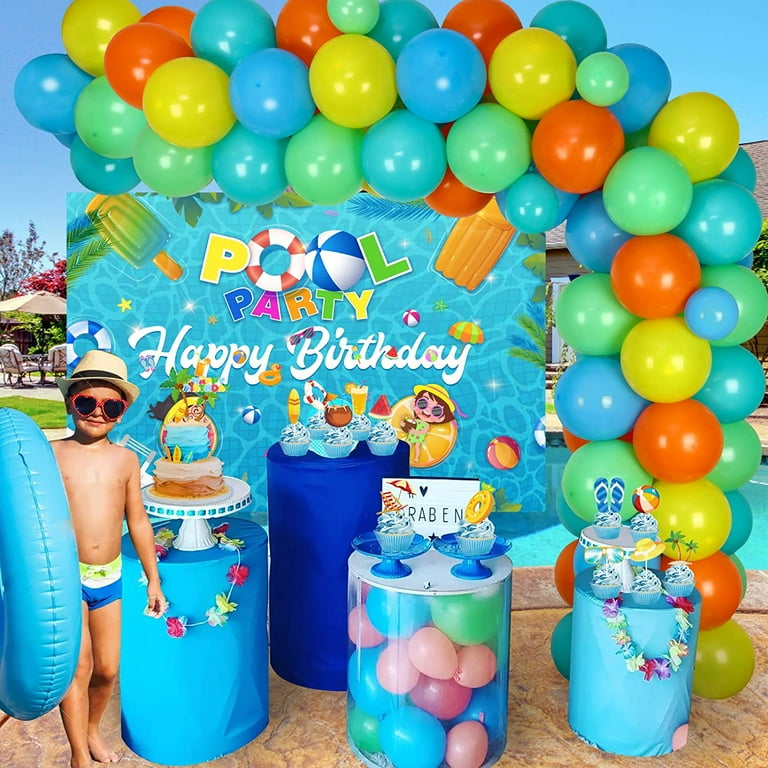 Swimming Pool Birthday Party Decorations for Kids, Summer Beach Party  Supplies Balloon Garland Kit with Pool Birthday Backdrop, Beach themed Cake