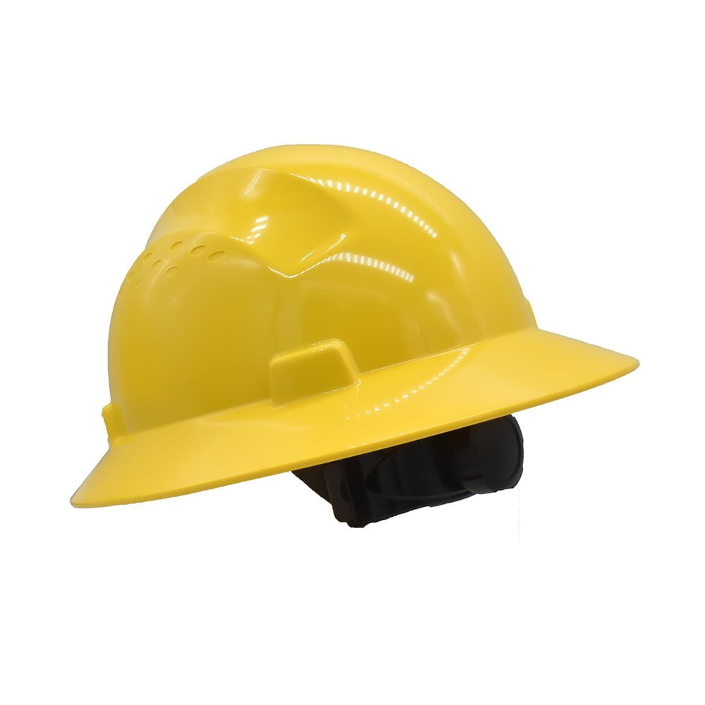 Interstate Safety 40408 Snap Lock 4 Point Ratchet Suspension Full Brim Hard Hat / Safety Helmet - 6-1/2 Inch to 8 Inch Heads - Yellow Color