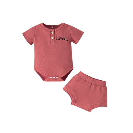 

Nokpsedcb 2Pcs Newborn Infant Boy Girl Waffle Outfits Baby Letter Pattern Short Sleeve Round Neck Bodysuit Solid Color Shorts Brick Red 6-12 Months