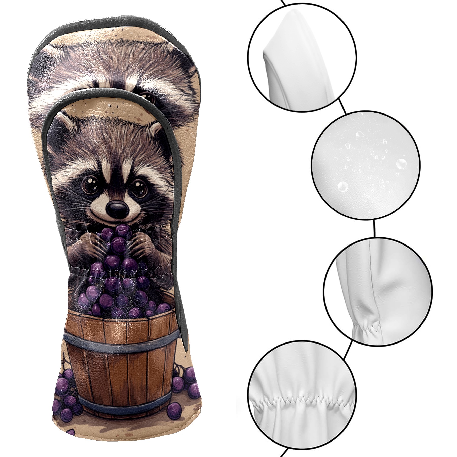 Golf Club Covers PU Leather Waterproof Head Covers for Fairway Woods Hybrids Brown Raccoon Grapes