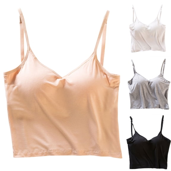 YHAJDS Ribbed Tank Tops For Women Solid Color V Neck Short Length Thin Strap Built In Bra Bralette Sleeveless Top