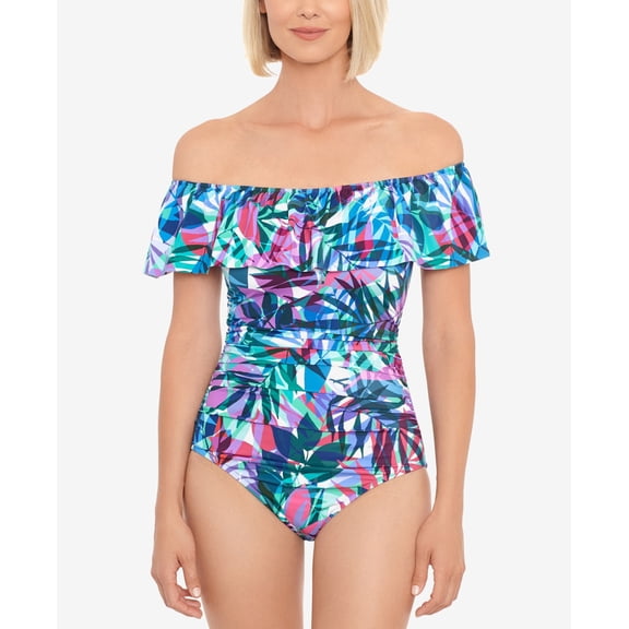 Swim Solutions Women's Off The Shoulder Tummy Control One Piece Swimsuit Blue Size 8