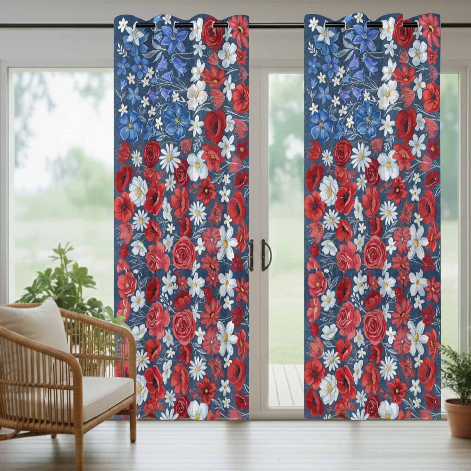 Independence Day Outdoor Curtains for Patio, Patriotic U.S. Flag Style Blue Red Flowers Sunshade Privacy Drapes Grommet Waterproof Outside Curtains for Porch/Cabana/Balcony 54"x 108", 1 Panel