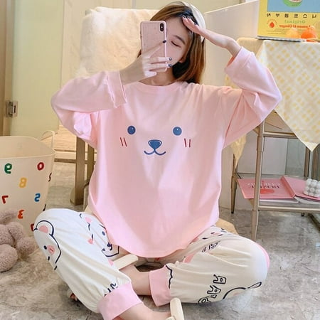

PIKADINGNIS Women Sleepwear Combed Cartoon Fertilizer Increased Pullover Nightgown Loose Version Pajama Set Cotton Plus Size XXXL