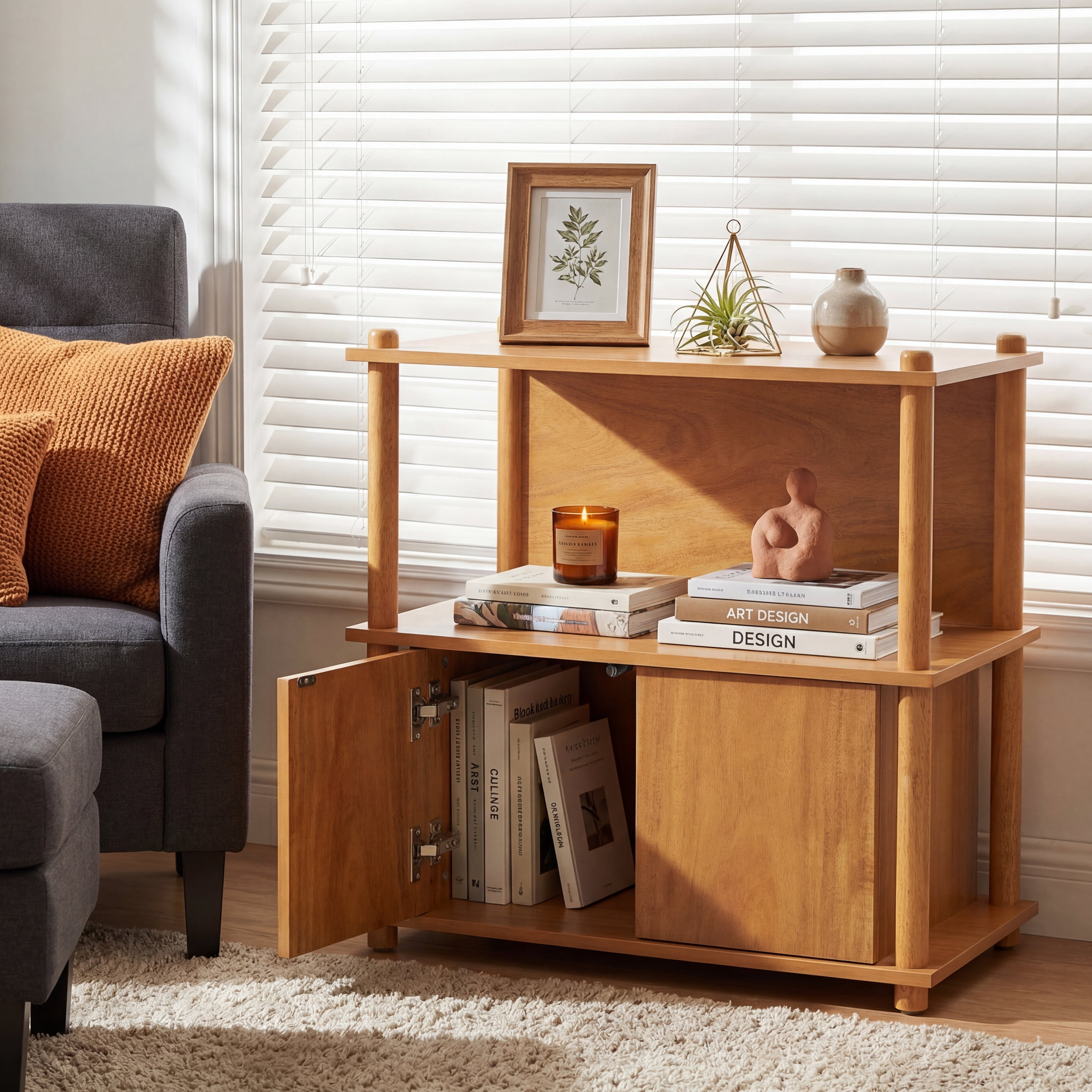 Wood Nightstand,End Table Side Table with Open Shelf & Storage Cabinet,Farmhouse Accent Table Bedside Table for Small Spaces,Living Room,Bedroom