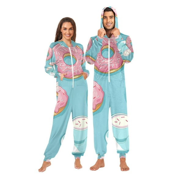 Donuts with Coffee Adult Unisex Onesie Pajamas Slim Fit One Piece Suit Pjs Sleepwear Pajama Jumpsuit