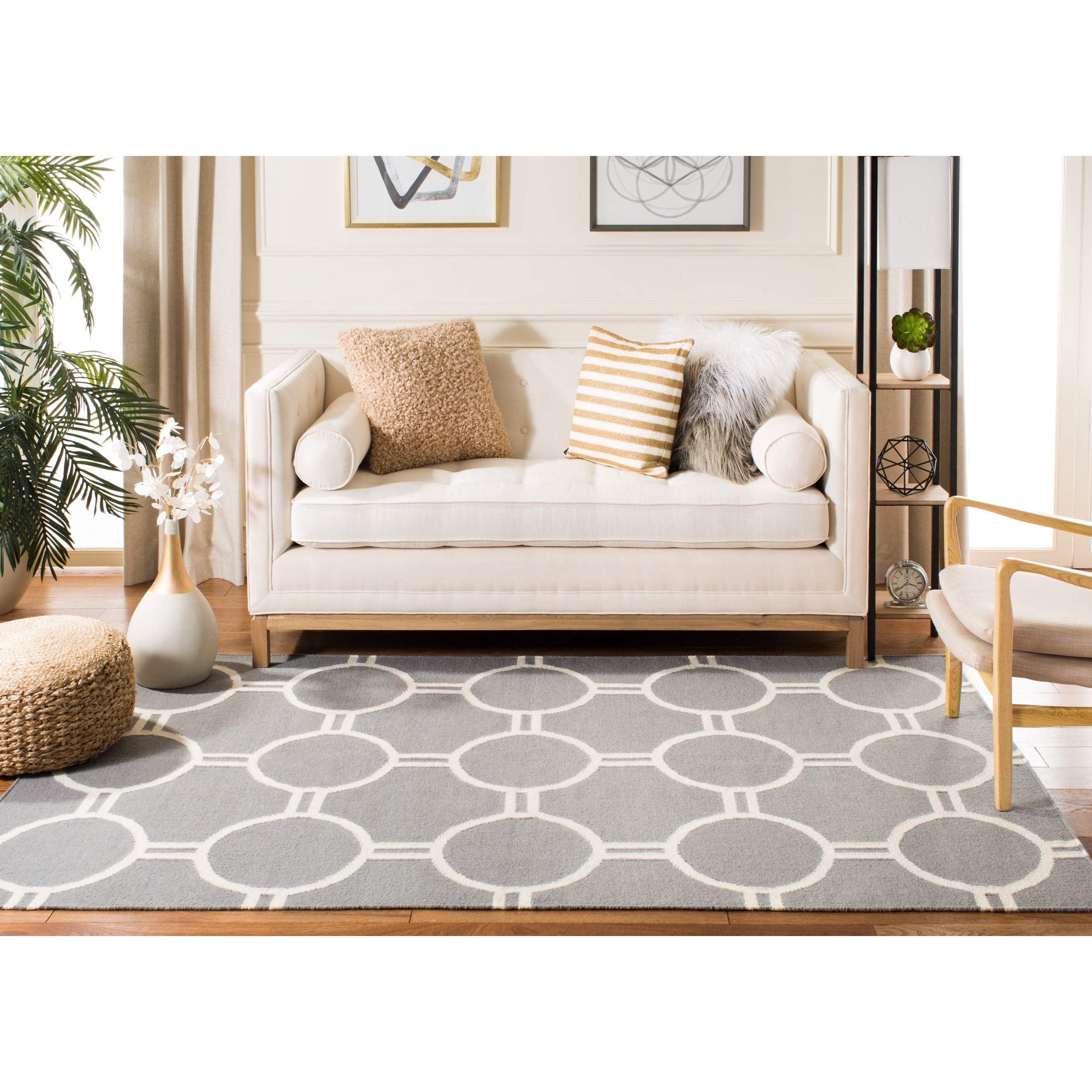 SAFAVIEH Dhurrie Sloane Geometric Circles Wool Area Rug, Grey/Ivory, 6' x 9'