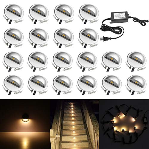 CHNXU 20 Pack LED Deck Lighting Kit with Transformer Warm White IP67 Waterproof Φ1.77 12V Low Voltage Recessed Landscape Garden Yard Patio Step Stair Decoration Lamps LED In-ground Lights 