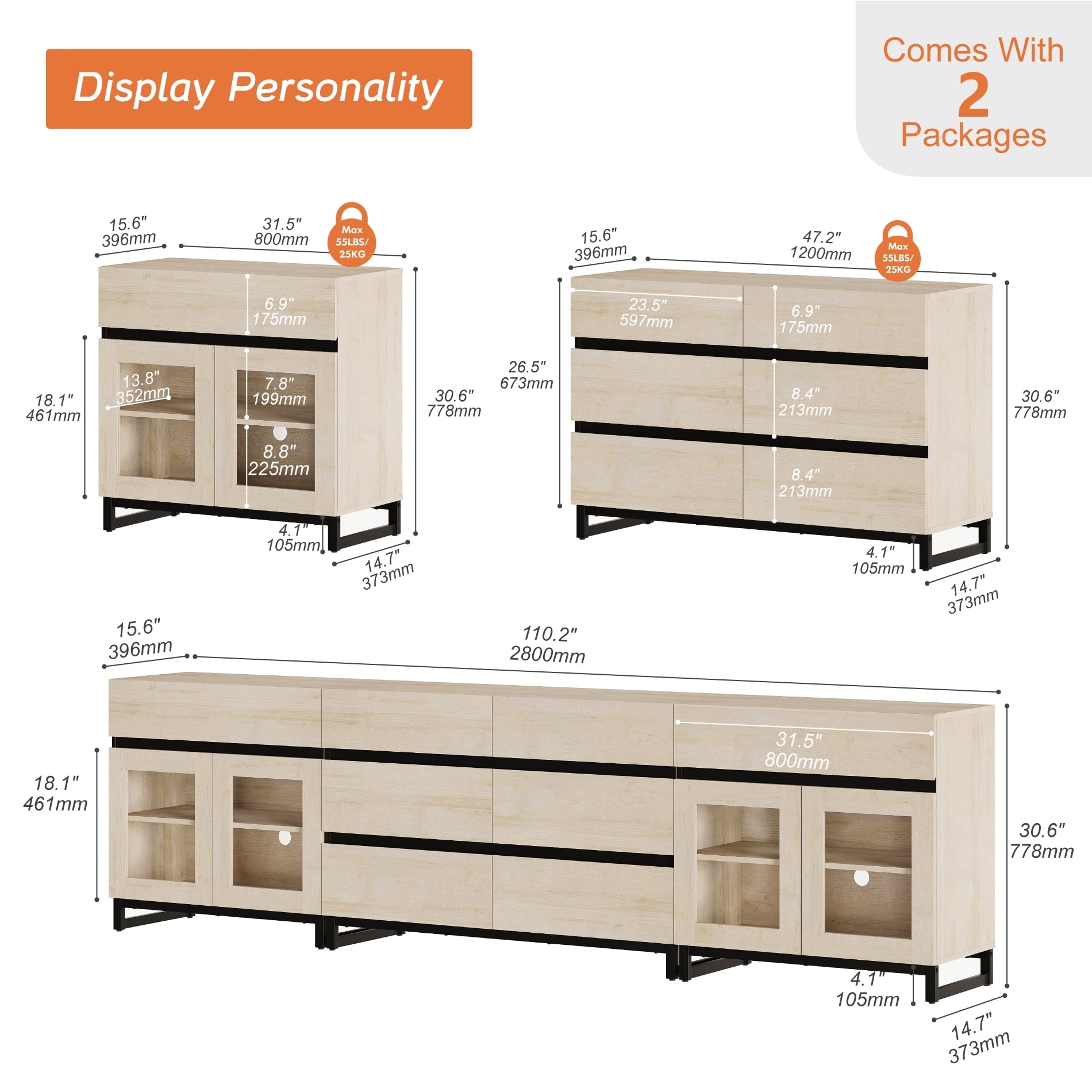 Modern Sideboard with Adjustable Shelves and 8 Drawers, 3 in 1 Storage Cabinet with Glass Doors, Coffee Bar Cabinet for Living Room, Kitchen, Beige