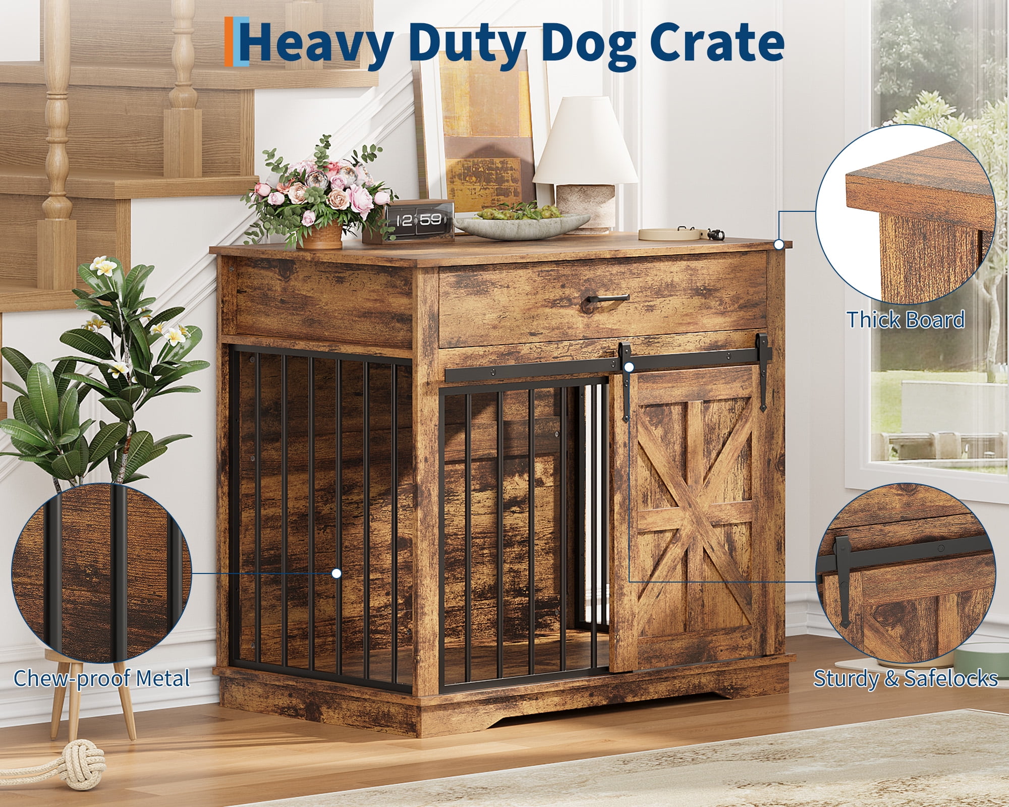 Danolapsi Farmhouse Style 2-in-1 Dog Crate,37.8" Dog Crate Furniture with Sliding Barn Door for Small/Medium Dogs, Dual Function as Side Table with Storage Drawer, 2-in-1 Iron-Wood Fusion Design