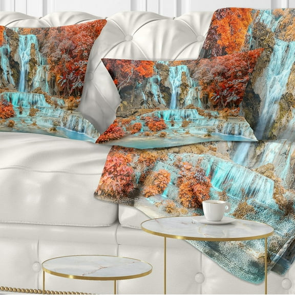 Designart Rainforest Waterfall Loas - Landscape Photography Throw Pillow - 12x20