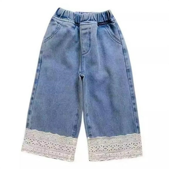 Odeerbi 1-10 Years Toddler Girls Wide Leg Jeans Cute Lace Trim Denim Pants Casual Cowboy Pants Comfortable Elastic Waistband Long Pants