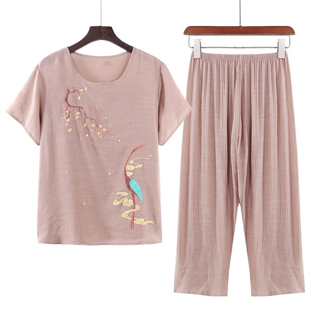 Blouses pour Femmes, Ensemble d'Été Décontracté Imprimé à Manches Courtes et Col Rond, Haut et Pantalon, Costume Mince pour la Maison