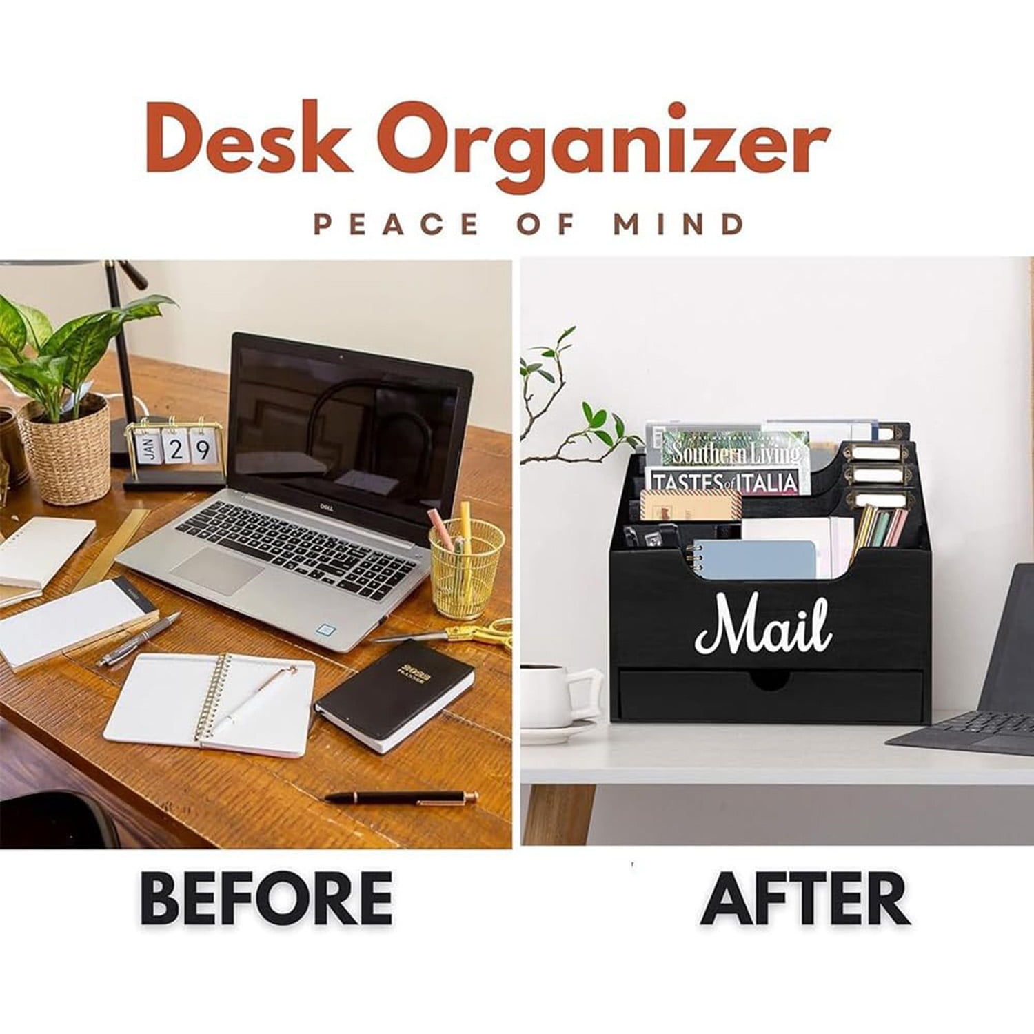 Wood Desktop Mail Organizer, Mail Organizer Countertop with 4 Compartments and Drawer for File Letter Paper Folder