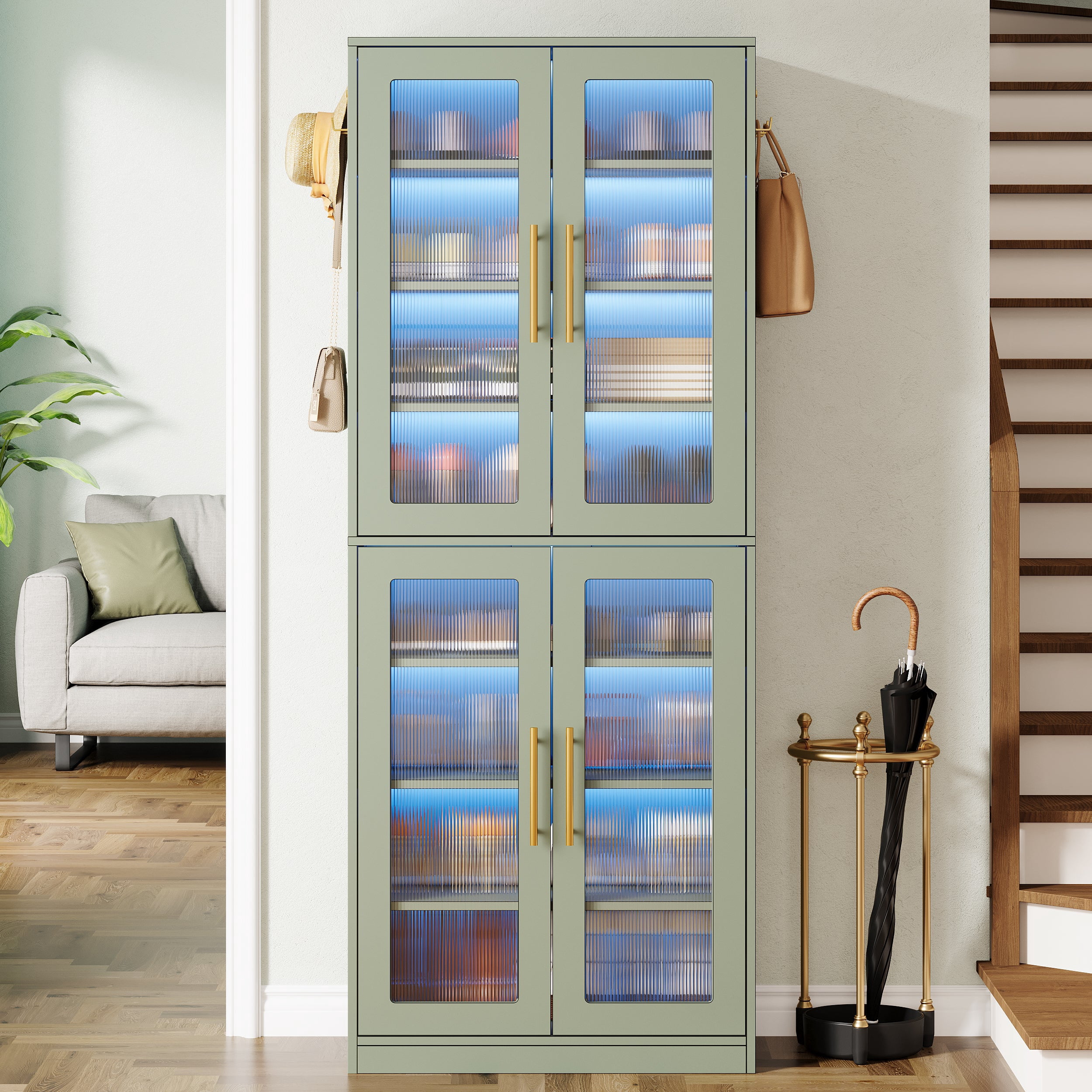 Fnova 66.93" Bookcase with Doors, 8 Tier Storage Cabinet with LED Lights for Living Room, Bedroom, Study, Green