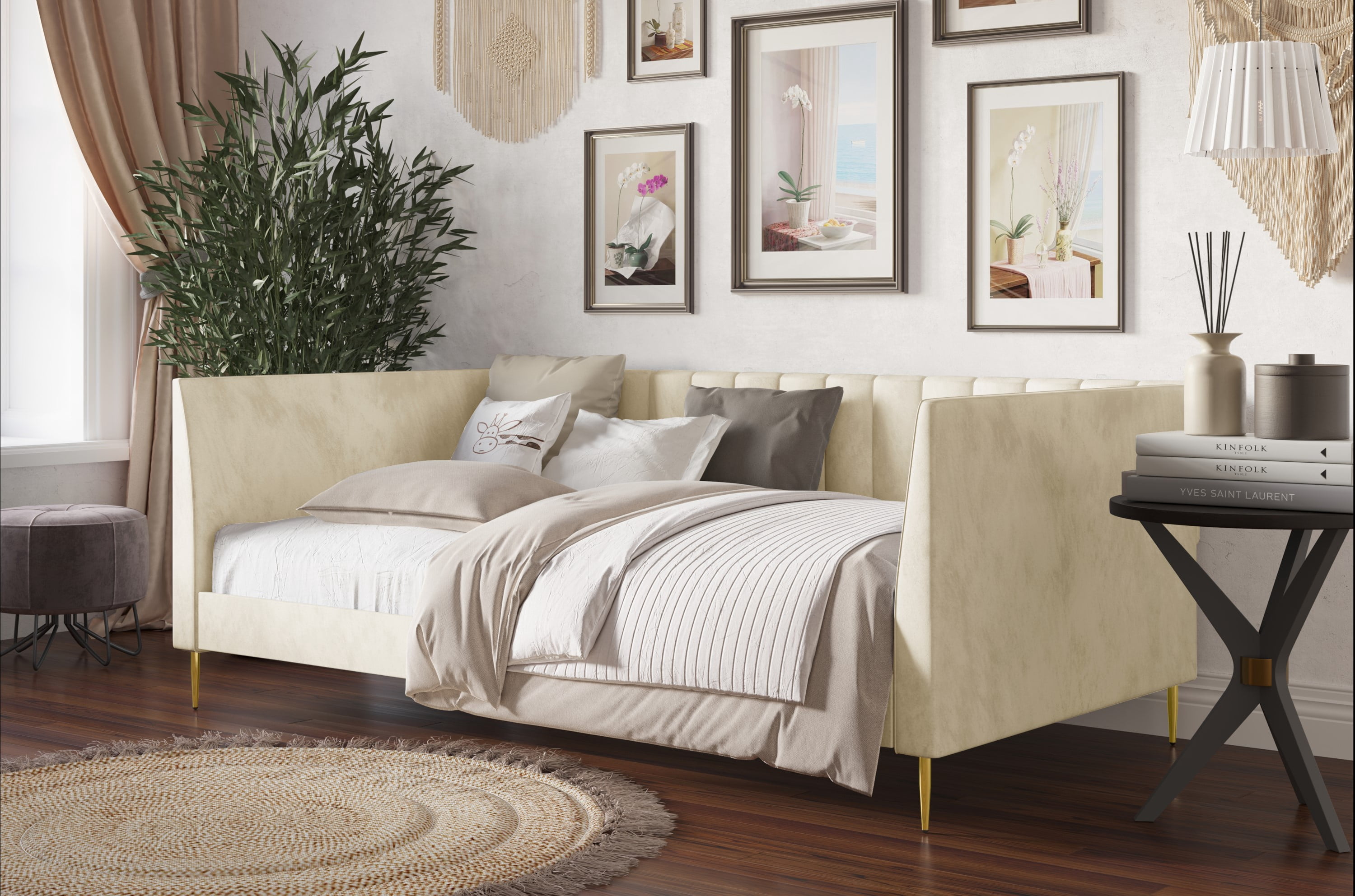 Home Design Dayton Twin Daybed, Beige Velvet Upholstered Frame, Tuxedo Arms, Vertical Tufting, Plush Cushions, Gold Metal Legs for Stylish Seating & Sleeping