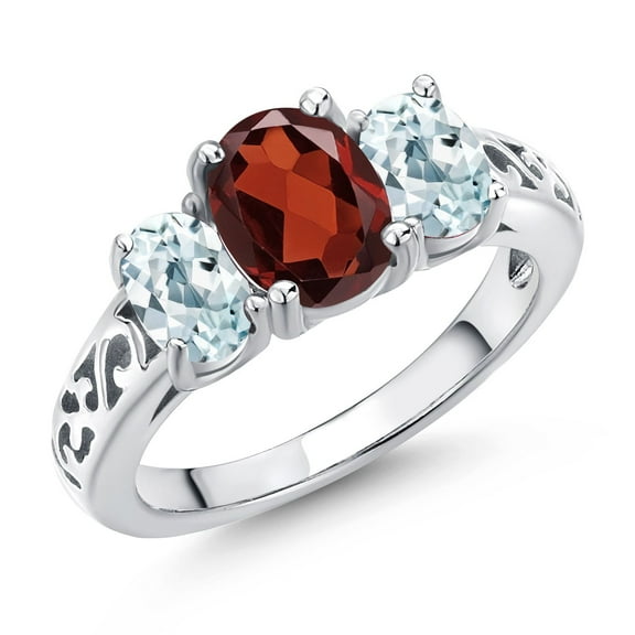 Gem Stone King 925 Sterling Silver Red Garnet and Sky Blue Aquamarine Filigree Style 3 Stone Ring for Women (2.50 Cttw, Oval 8X6MM and 6X4MM, Size 9) (Size 9)