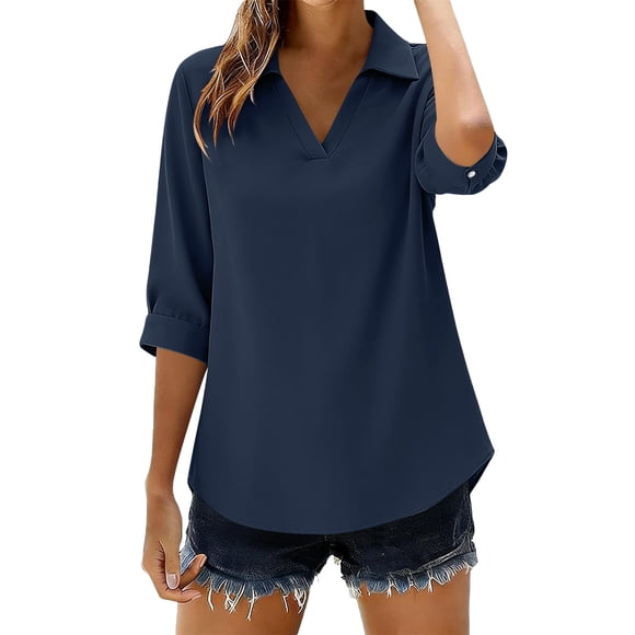 Ymauqau Hauts pour Femmes Manches 3/4 Col en V à Col Chemise Ourlet Arrondi T-Shirts Hauts Business Casual Tuniques Amples Blouses