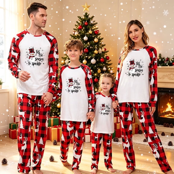 LEKWK Christmas Pajamas for Family Cute Graphic Plaid Long Sleeve Top and Plaid Pants Holiday Sleepwear Casual Loungewear
