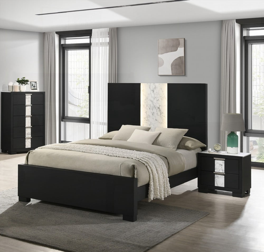 King Size Wooden Platform Bed Frame with Black Finish and LED Light Headboard for Bedroom
