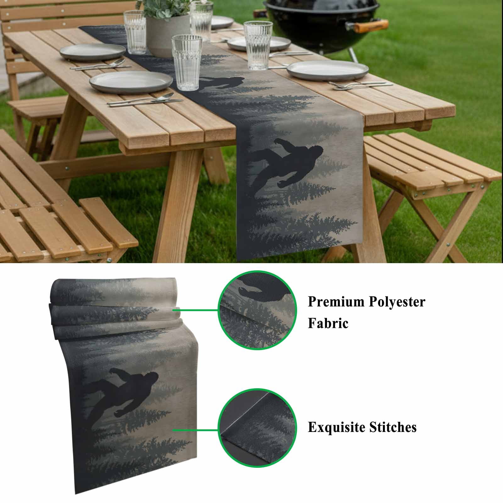 Forest Bigfoot Table Runner, Vintage Sasquatch Animal Silhouette Foggy Dark Forest Plant Cotton Linen Kitchen Table Decoration Washable Dining Tabletop Runners for Home Party Decor 13x90 Inches