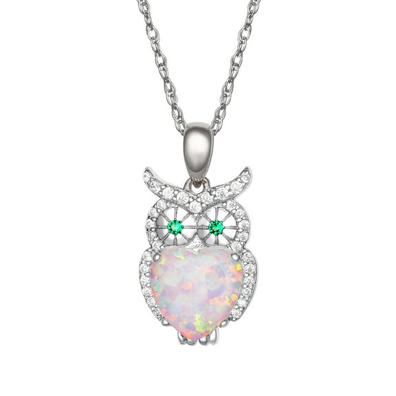 Brilliance Women's Sterling Silver Cubic Zirconia Opal Heart Owl Pendant Necklace, 18" Chain