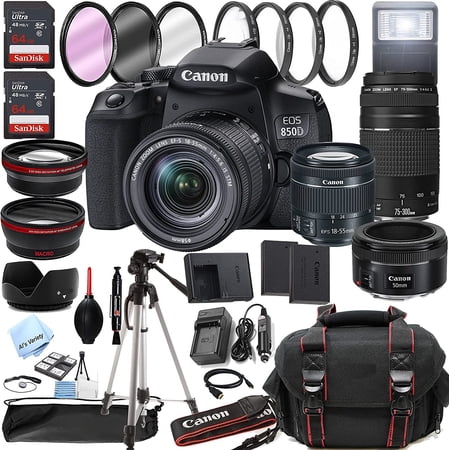 Canon EOS 850D Rebel T8i DSLR Camera w/EF-S 18-55mm F/4-5.6 is STM Zoom Lens + 75-300mm F/4-5.6 III Lens + EF 50mm f/1.8 STM Lens + 128GB Memory + Case + Tripod + Filters 40pc Bundle