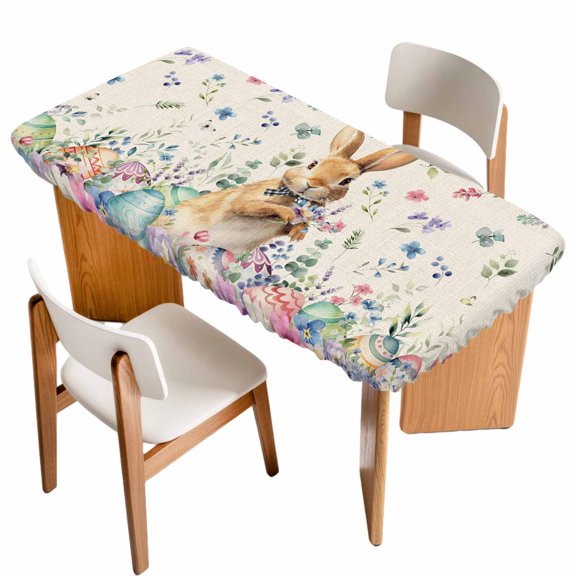 Bunny Easter Table Cloths for 5 Foot Rectangle Tables, Spring Floral Eggs Rabbits Rustic Patio Waterproof Elastic Fitted Tablecloths, Washable Rectangular Table Cover for Camping