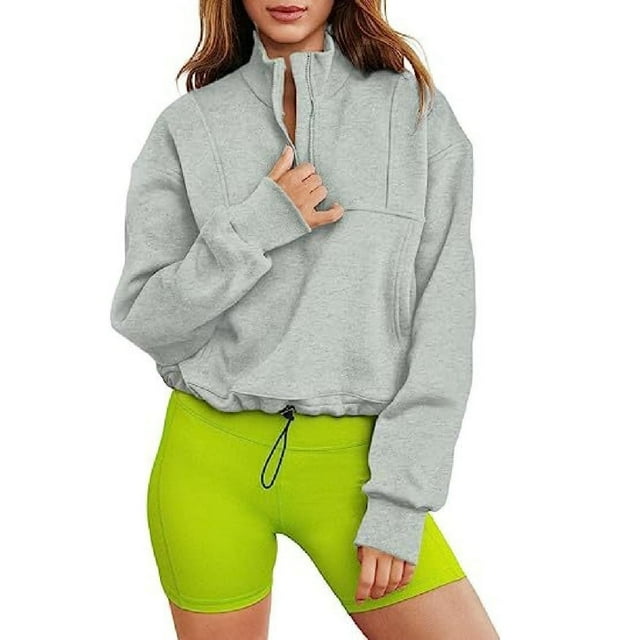 Women Stand Collar Half Zip Hem Drawstring Casual Sweatshirt