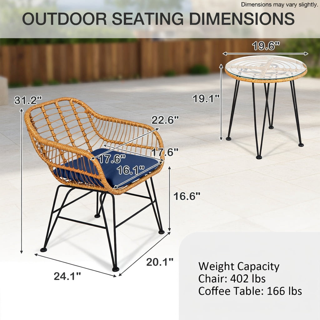 Hommoo 3-Piece Outdoor Rattan Patio Furniture Set, 2 Cushioned Chairs + Tempered Glass Coffee Table, Navy