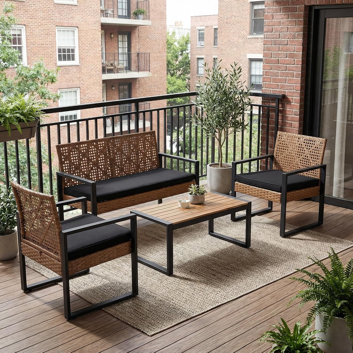 4-Piece Outdoor Patio Furniture Set, Acacia Wood Table Top, Light Brown Rattan with Black Cushions