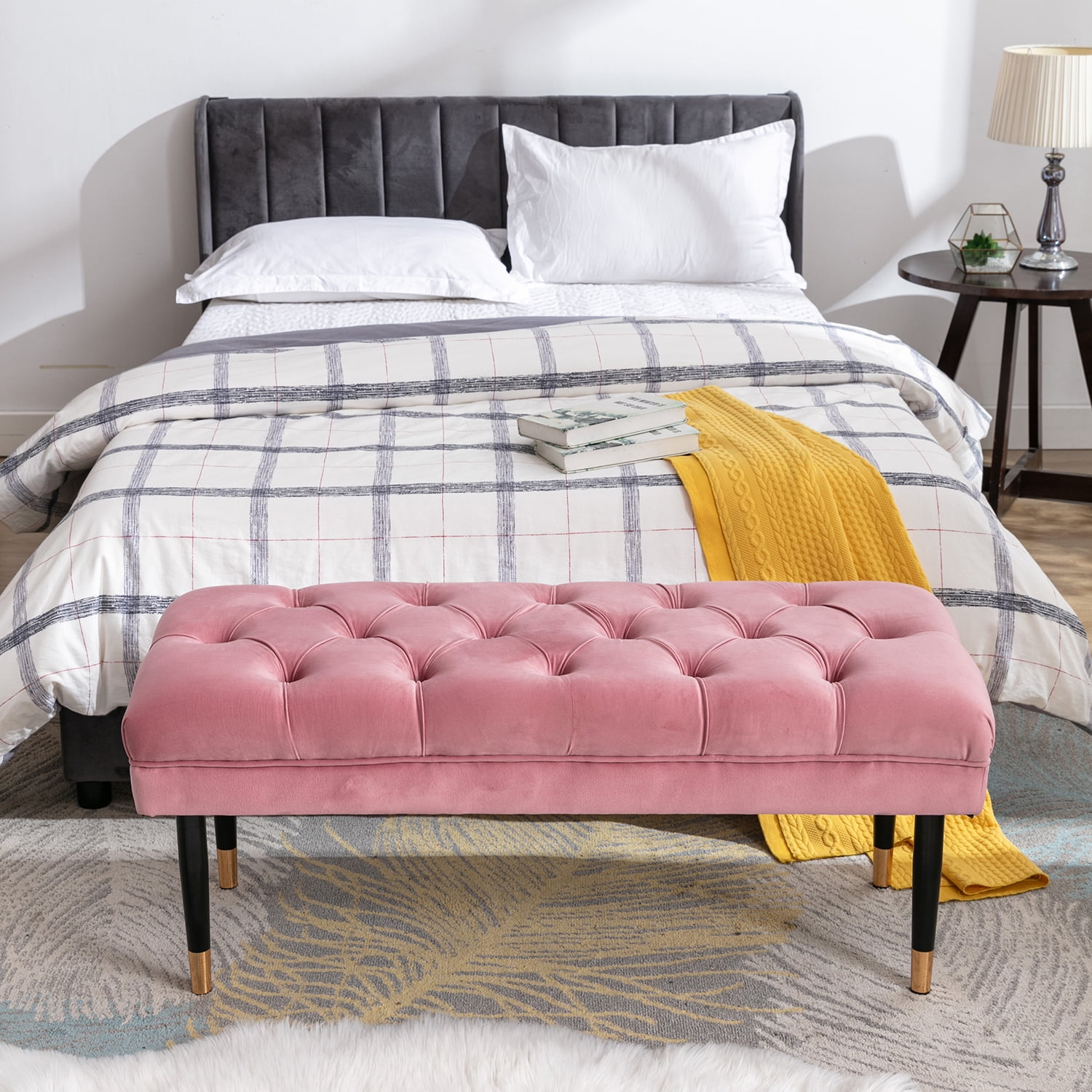 Kadyn Fabric Bench, Modern Velvet Button Ottoman for Living Room Entryway, Upholstered Bench with Metal Legs, Pink Kadyn Fabric Bench, Modern Velvet Button Ottoman for Living Room Entryway, Upholstered Bench with Metal Legs, Pink