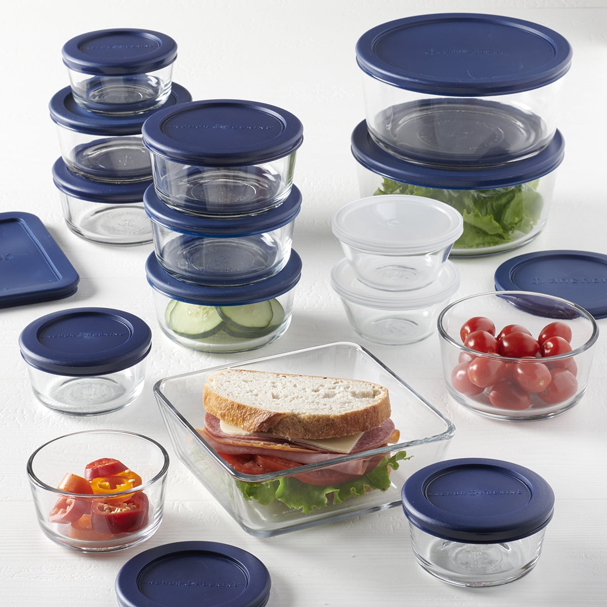 Clear Glass Food Storage 30 Piece Set with Navy Lids