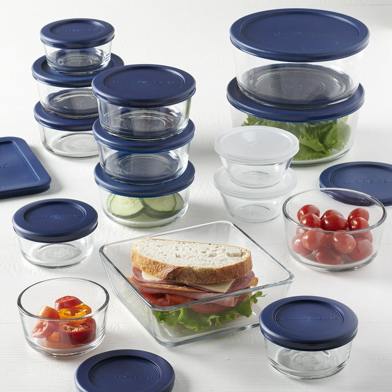 Anchor Hocking Clear Glass Food Storage,30 Piece Set with Navy Lids 