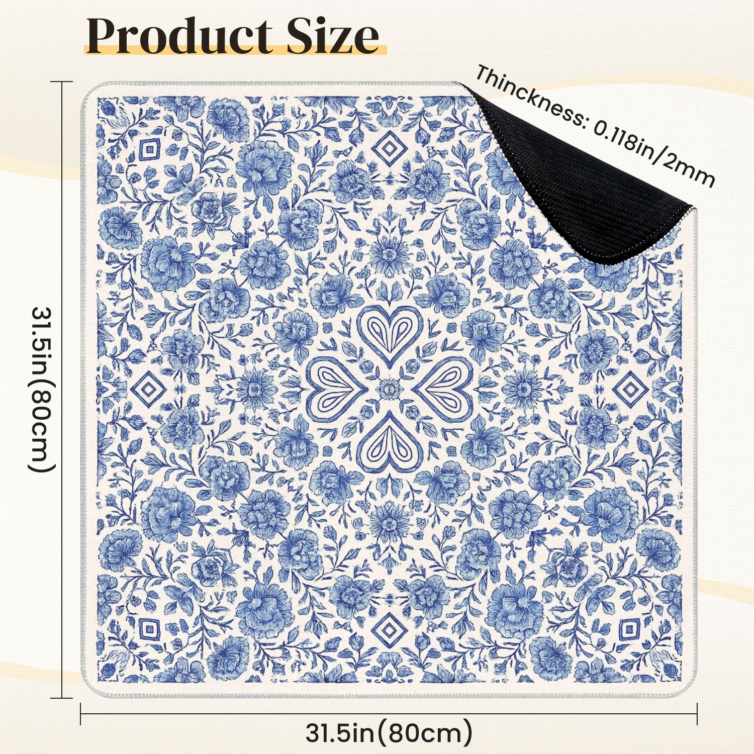 Mahjong Mat 31.5" x 31.5" Blue Floral Vintage Ornamental Heart Motif Anti-Slip and Noise Reduction Symmetry Design Mahjong Tiles Table Cover for Dominoes Poker Card Board and Tile Games