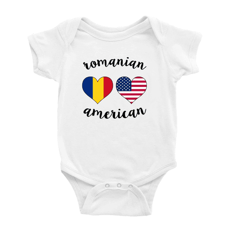 

Romanian American Flag Two Hearts Baby Bodysuits Newborn Clothes (White 12-18 Months)