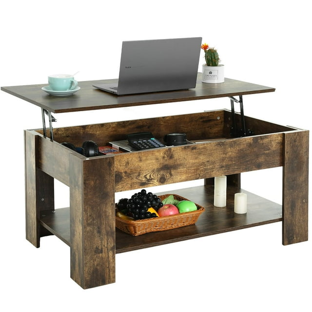 NiamVelo Table Basse en Bois à Plateau Relevable avec Compartiment Caché et Tablette de Rangement pour Salon, Brun