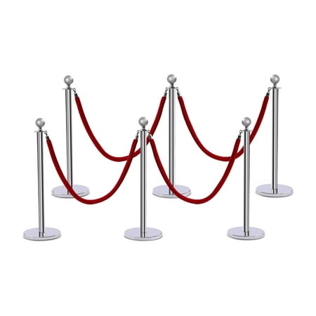 Loyalheartdy 6Pcs Silver Stainless Steel Stanchion Set, 39.4"H Sentry Post Crowd Control Barriers Queue Line w/5Ft Red Velvet Rope