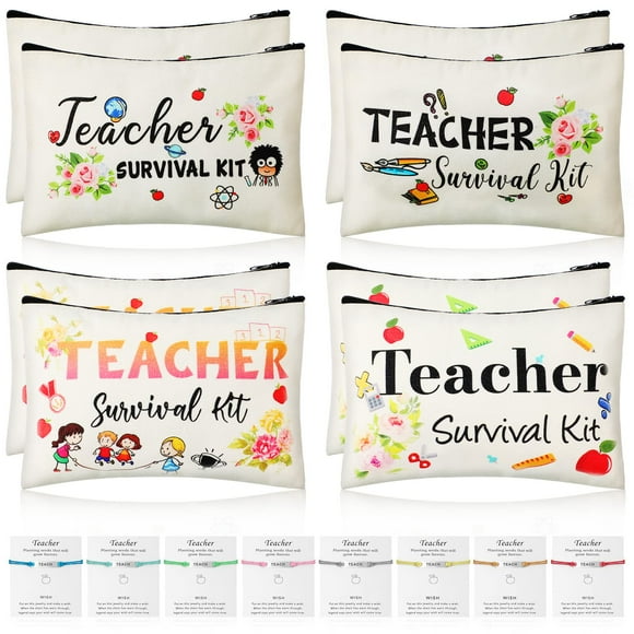 Frienda 16 Pieces Teacher Appreciation Present Gifts Set, 8 Teacher Survival Kit Makeup Bag Makeup Pouch Pencil Bag Teacher Cosmetic Bag, 8 Teacher Blessing Card Bracelet for Teacher'