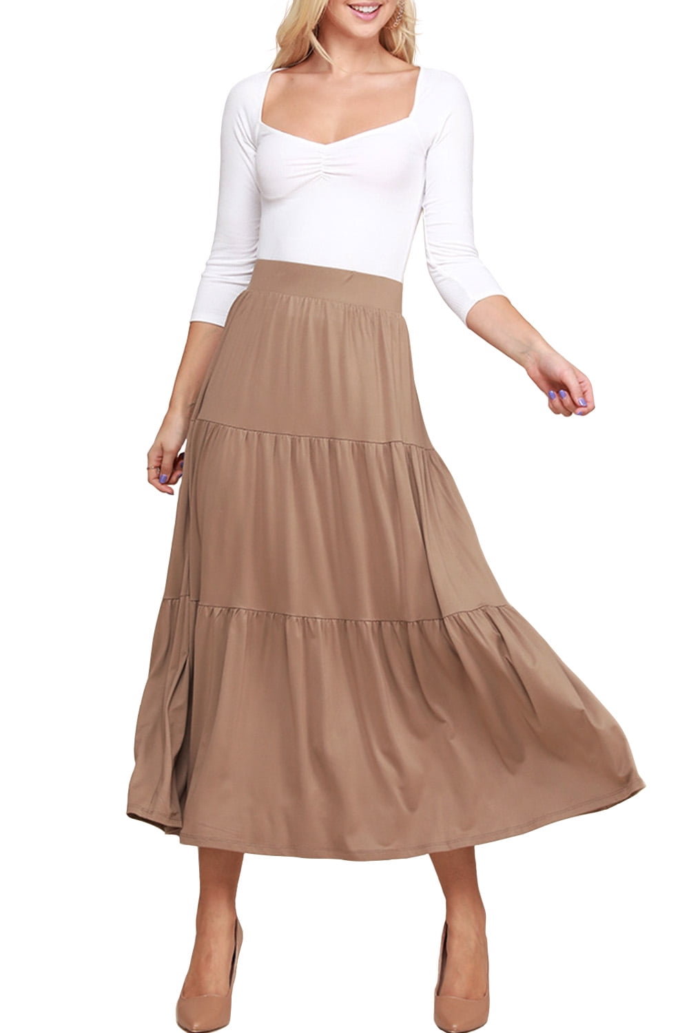Whear Women Elastic High Waist Pleated Skirt Flare Solid Color A Line Shirring Casual Long Skirt Beach