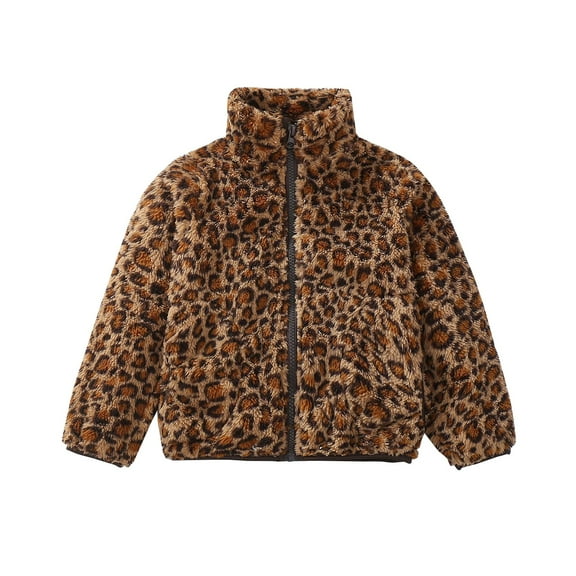 XQYLOS Toddler Little Girls Leopard Print Fuzzy Coat Zip Up Fleece Plush Warm Jacket Outerwear for Winter Soft Cozy Clothes with Stand Collar